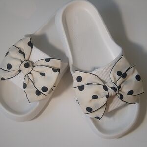 White Slide Sandals * black & white polka dots bow